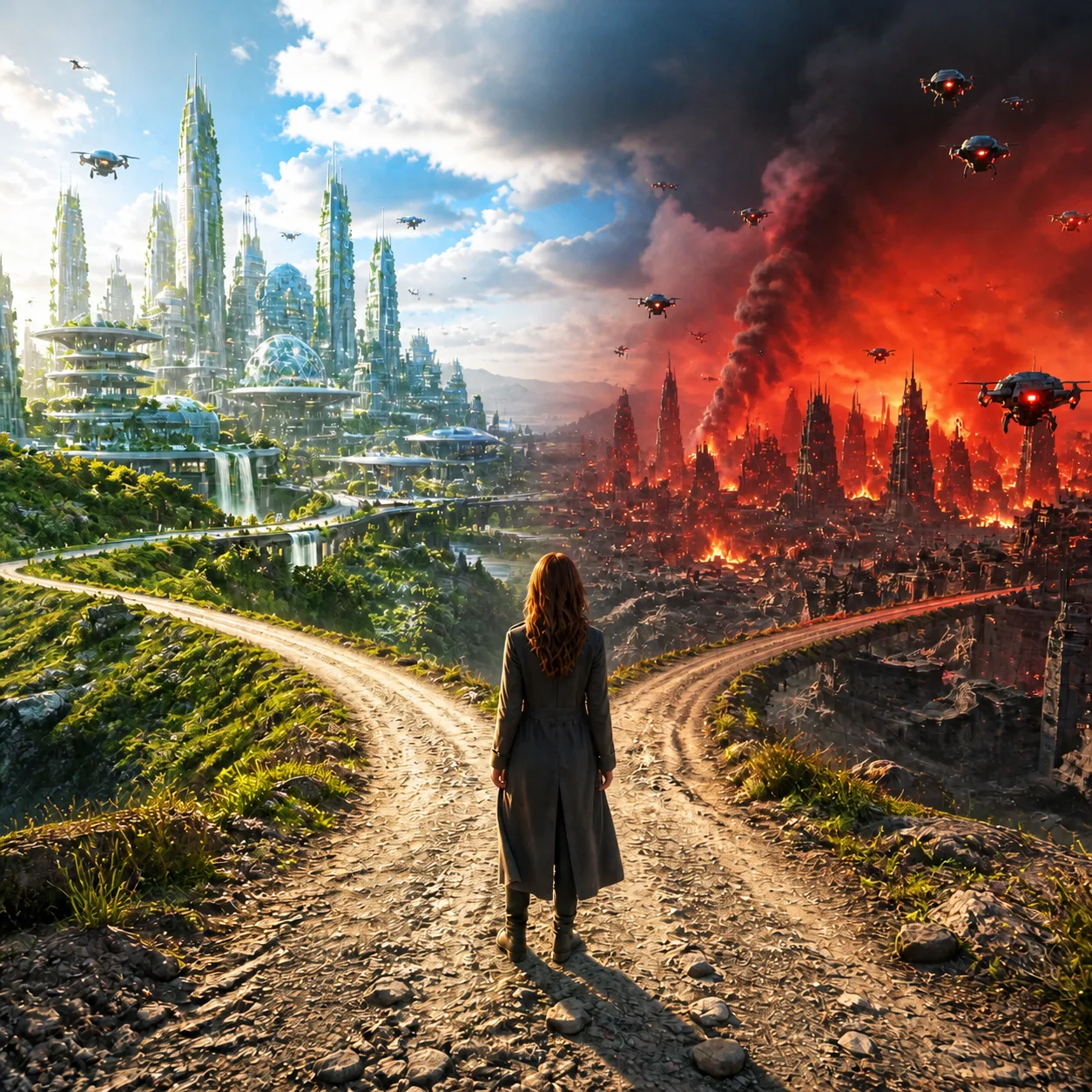 A woman stands where a dirt road forks. To the left, a green city of glass towers and waterfalls under a blue sky; to the right, a city burning under black smoke and red-eyed drones.